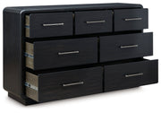 Rowanbeck California King Upholstered Panel Bed with Dresser and 2 Nightstands in Gray/Black from Ashley - Lara Furniture