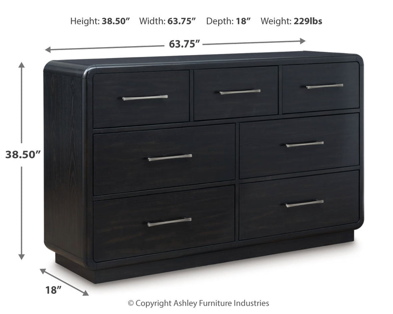 Rowanbeck California King Upholstered Panel Bed with Dresser and 2 Nightstands in Gray/Black from Ashley - Lara Furniture