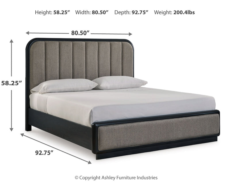 Rowanbeck California King Upholstered Panel Bed with Dresser and 2 Nightstands in Gray/Black from Ashley - Lara Furniture