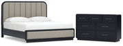 Rowanbeck California King Upholstered Panel Bed with Dresser in Gray/Black from Ashley - Lara Furniture