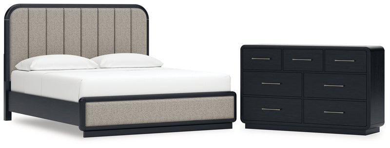 Rowanbeck California King Upholstered Panel Bed with Dresser in Gray/Black from Ashley - Lara Furniture