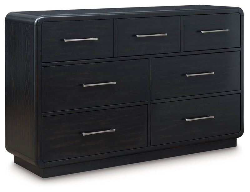 Rowanbeck California King Upholstered Panel Bed with Dresser in Gray/Black from Ashley - Lara Furniture