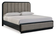 Rowanbeck California King Upholstered Panel Bed with Dresser in Gray/Black from Ashley - Lara Furniture
