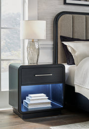Rowanbeck California King Upholstered Panel Bed with Mirrored Dresser and 2 Nightstands in Gray/Black from Ashley - Lara Furniture
