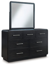 Rowanbeck California King Upholstered Panel Bed with Mirrored Dresser and Nightstand in Gray/Black from Ashley - Lara Furniture