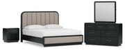 Rowanbeck California King Upholstered Panel Bed with Mirrored Dresser and Nightstand in Gray/Black from Ashley - Lara Furniture