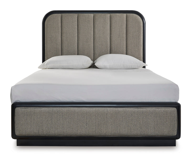 Rowanbeck Gray/Black Queen Upholstered Panel Bed - Lara FurnitureQueen Bed