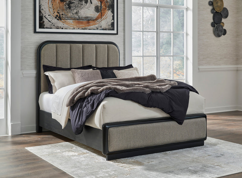 Rowanbeck Gray/Black Queen Upholstered Panel Bed - Lara FurnitureQueen Bed