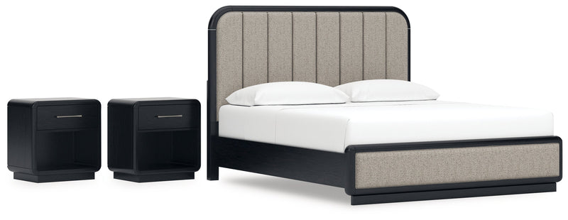 Rowanbeck King Upholstered Panel Bed with 2 Nightstands in Gray/Black from Ashley - Lara Furniture