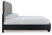 Rowanbeck King Upholstered Panel Bed with 2 Nightstands in Gray/Black from Ashley - Lara Furniture