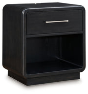 Rowanbeck King Upholstered Panel Bed with 2 Nightstands in Gray/Black from Ashley - Lara Furniture