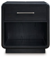 Rowanbeck King Upholstered Panel Bed with Mirrored Dresser and 2 Nightstands in Gray/Black from Ashley - Lara Furniture
