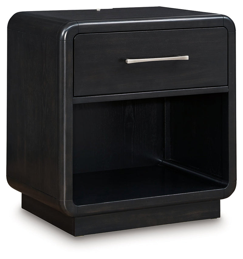 Rowanbeck King Upholstered Panel Bed with Mirrored Dresser and 2 Nightstands in Gray/Black from Ashley - Lara Furniture