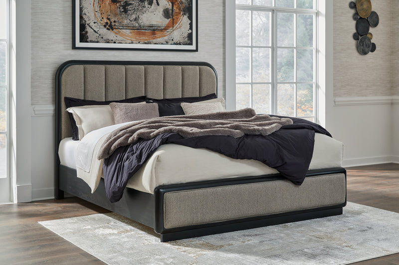 Rowanbeck King Upholstered Panel Bed with Mirrored Dresser and 2 Nightstands in Gray/Black from Ashley - Lara Furniture