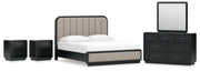 Rowanbeck King Upholstered Panel Bed with Mirrored Dresser and 2 Nightstands in Gray/Black from Ashley - Lara Furniture