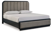 Rowanbeck King Upholstered Panel Bed with Mirrored Dresser and 2 Nightstands in Gray/Black from Ashley - Lara Furniture