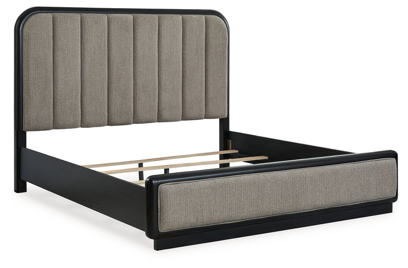 Rowanbeck King Upholstered Panel Bed with Mirrored Dresser and 2 Nightstands in Gray/Black from Ashley - Lara Furniture