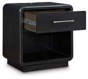 Rowanbeck King Upholstered Panel Bed with Mirrored Dresser and Nightstand in Gray/Black from Ashley - Lara Furniture