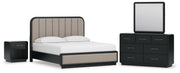 Rowanbeck King Upholstered Panel Bed with Mirrored Dresser and Nightstand in Gray/Black from Ashley - Lara Furniture