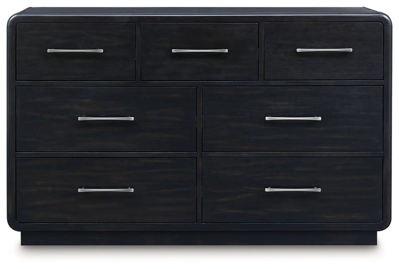 Rowanbeck Queen Upholstered Panel Bed with Dresser and 2 Nightstands in Gray/Black from Ashley - Lara Furniture