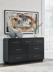 Rowanbeck Queen Upholstered Panel Bed with Dresser and 2 Nightstands in Gray/Black from Ashley - Lara Furniture