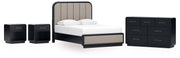 Rowanbeck Queen Upholstered Panel Bed with Dresser and 2 Nightstands in Gray/Black from Ashley - Lara Furniture