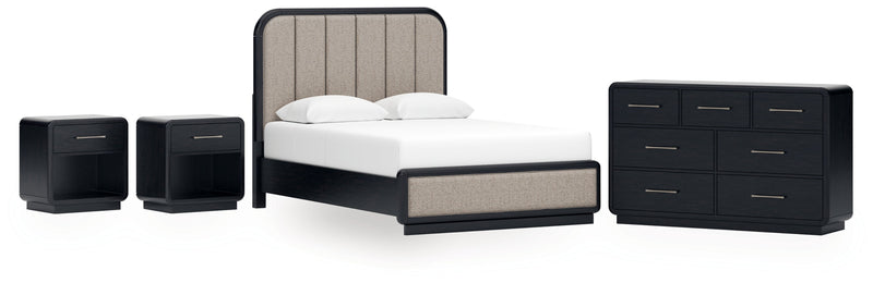 Rowanbeck Queen Upholstered Panel Bed with Dresser and 2 Nightstands in Gray/Black from Ashley - Lara Furniture