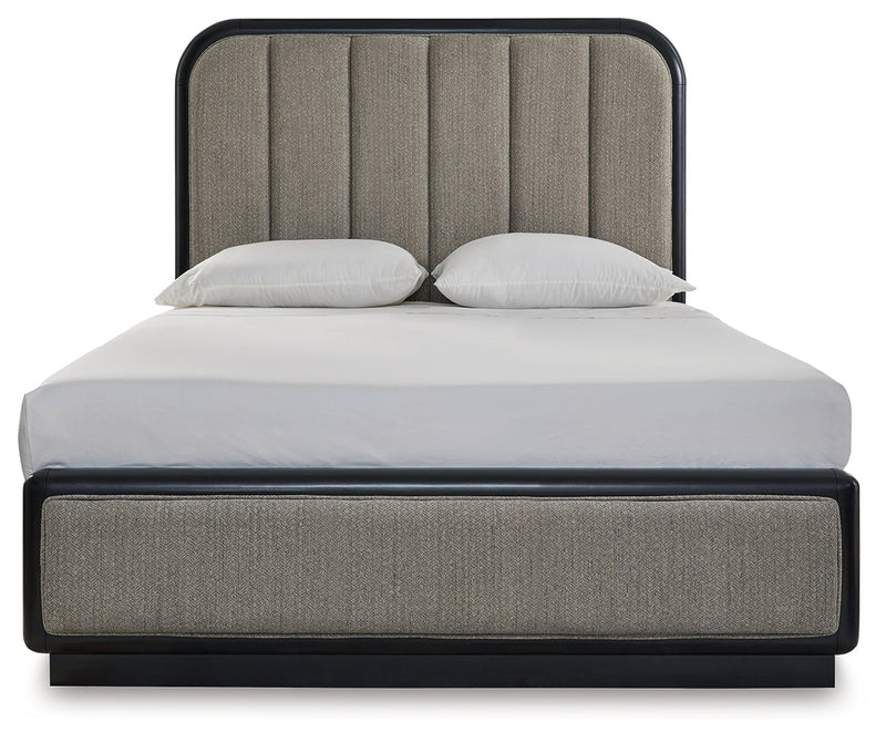 Rowanbeck Queen Upholstered Panel Bed with Dresser and 2 Nightstands in Gray/Black from Ashley - Lara Furniture