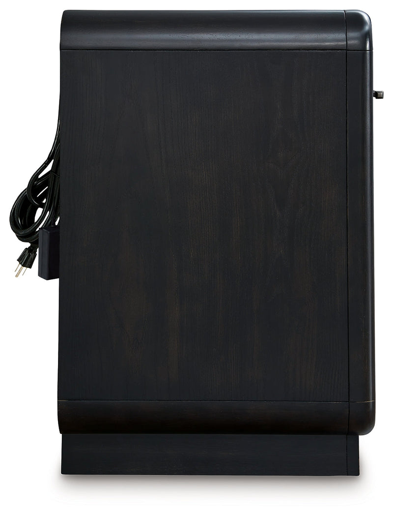 Rowanbeck Queen Upholstered Panel Bed with Mirrored Dresser and 2 Nightstands in Gray/Black from Ashley - Lara Furniture