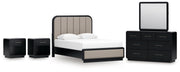 Rowanbeck Queen Upholstered Panel Bed with Mirrored Dresser and 2 Nightstands in Gray/Black from Ashley - Lara Furniture