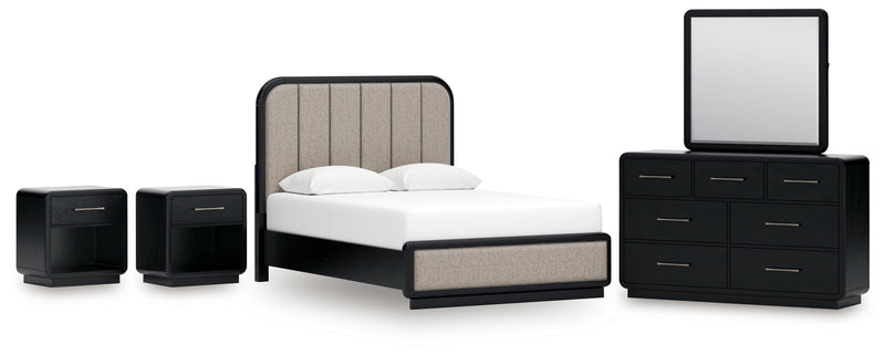 Rowanbeck Queen Upholstered Panel Bed with Mirrored Dresser and 2 Nightstands in Gray/Black from Ashley - Lara Furniture
