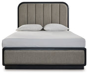 Rowanbeck Queen Upholstered Panel Bed with Mirrored Dresser and 2 Nightstands in Gray/Black from Ashley - Lara Furniture
