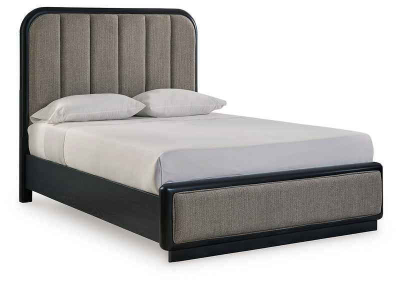 Rowanbeck Queen Upholstered Panel Bed with Mirrored Dresser and 2 Nightstands in Gray/Black from Ashley - Lara Furniture