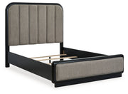 Rowanbeck Queen Upholstered Panel Bed with Mirrored Dresser and 2 Nightstands in Gray/Black from Ashley - Lara Furniture