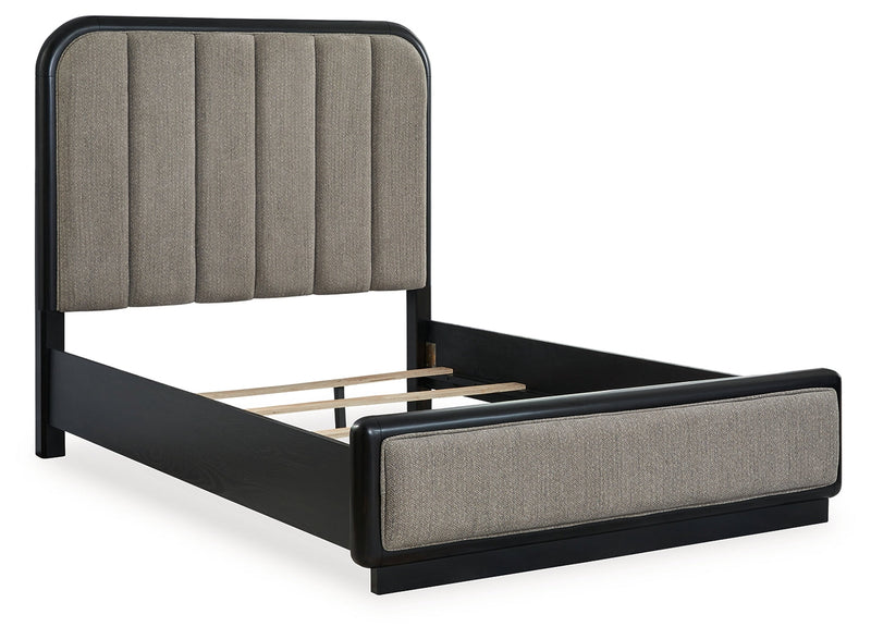 Rowanbeck Queen Upholstered Panel Bed with Mirrored Dresser and 2 Nightstands in Gray/Black from Ashley - Lara Furniture