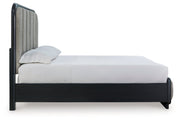 Rowanbeck Queen Upholstered Panel Bed with Mirrored Dresser and 2 Nightstands in Gray/Black from Ashley - Lara Furniture