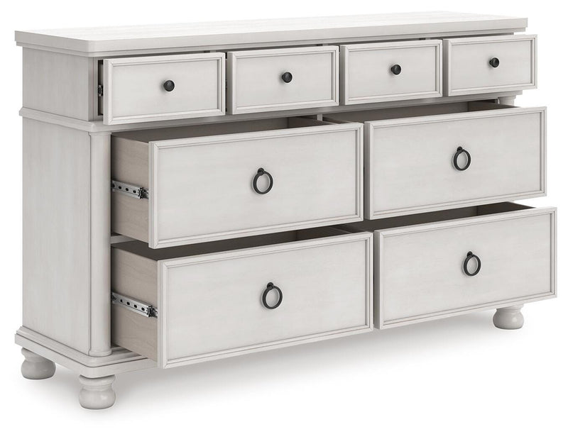 Rowlenstown California King Poster Bed, Dresser and Nightstand in Antique White - PKG023880