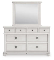 Rowlenstown California King Poster Bed, Dresser, Mirror and Nightstand in Antique White - PKG023879