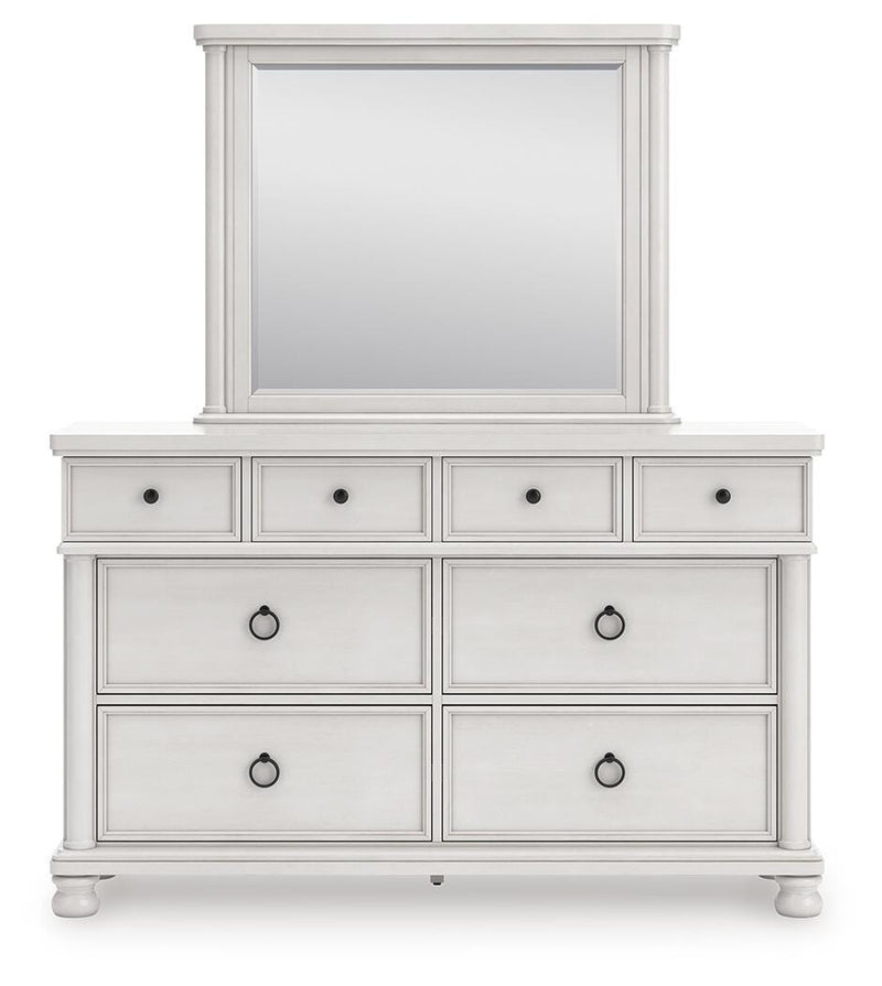 Rowlenstown California King Poster Bed, Dresser, Mirror and Nightstand in Antique White - PKG023879