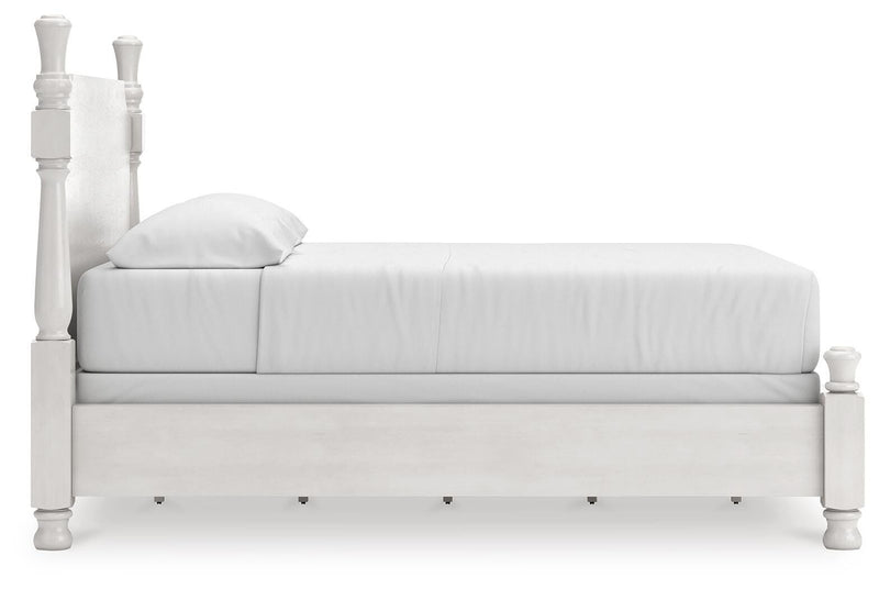 Rowlenstown California King Poster Bed, Dresser, Mirror and Nightstand in Antique White - PKG023879