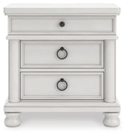 Rowlenstown California King Poster Bed, Dresser, Mirror and Nightstand in Antique White - PKG023879