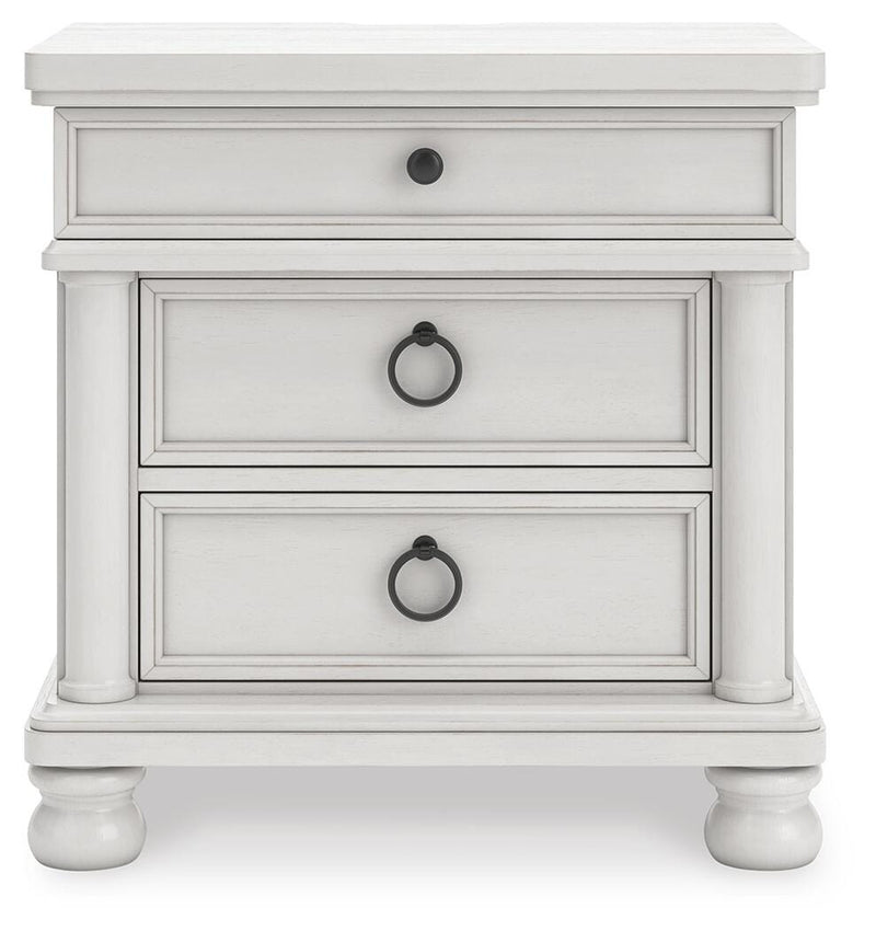 Rowlenstown California King Poster Bed, Dresser, Mirror and Nightstand in Antique White - PKG023879