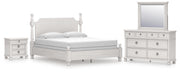 Rowlenstown California King Poster Bed, Dresser, Mirror and Nightstand in Antique White - PKG023879