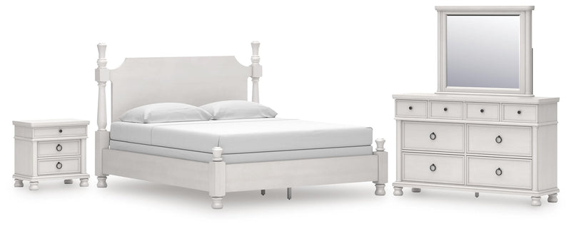 Rowlenstown California King Poster Bed, Dresser, Mirror and Nightstand in Antique White - PKG023879