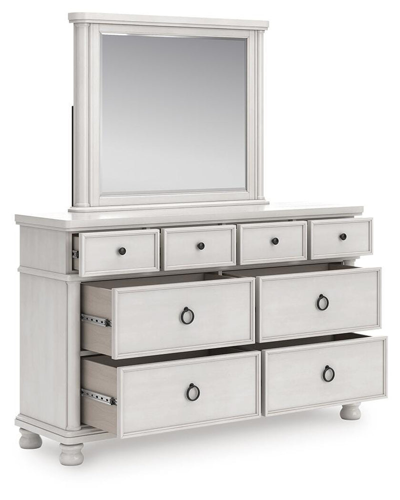 Rowlenstown California King Poster Bed, Dresser, Mirror and Nightstand in Antique White - PKG023879