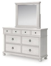 Rowlenstown California King Poster Bed, Dresser, Mirror and Nightstand in Antique White - PKG023879