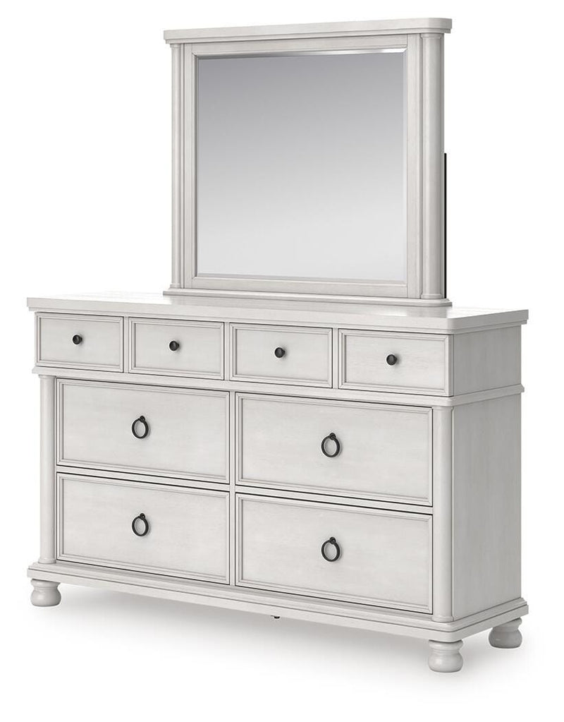 Rowlenstown California King Poster Bed, Dresser, Mirror and Nightstand in Antique White - PKG023879