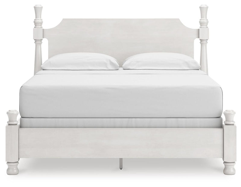 Rowlenstown California King Poster Bed, Dresser, Mirror and Nightstand in Antique White - PKG023879