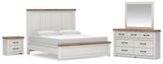 Savonport King Panel Bed. Dresser, Mirror and Nightstand in White/Brown - PKG025304