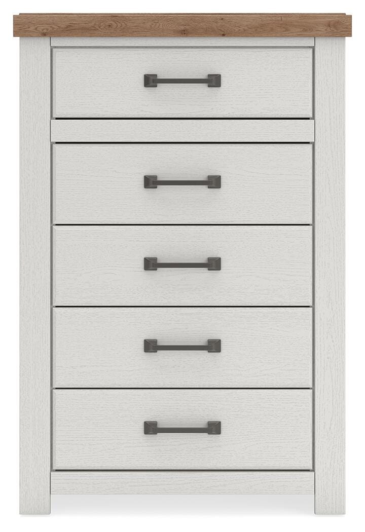 Savonport King Panel Bed with Storage, Chest and Nightstand in White/Brown - PKG025404